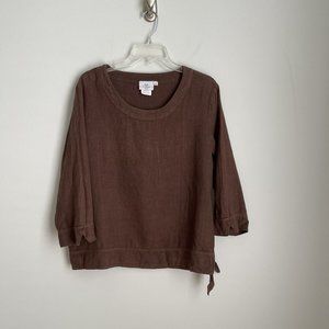 Vtg Hot Cotton Brown Linen 3/4 Sleeve Side Tie Top
